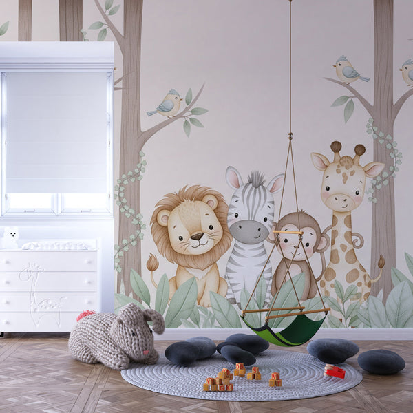 Jungle Animals Wallpaper | Lion, Zebra and Giraffe Wall Mural