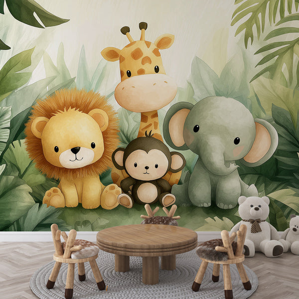 Jungle Animal Wallpaper | Cuddly Animals in Tropical Leaves