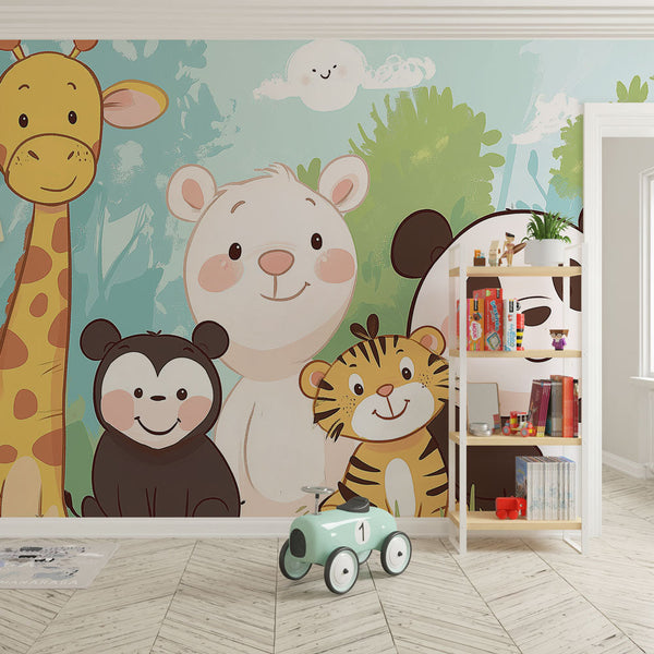 Jungle Friends Wallpaper | Soft Pastel Animal Wall Mural