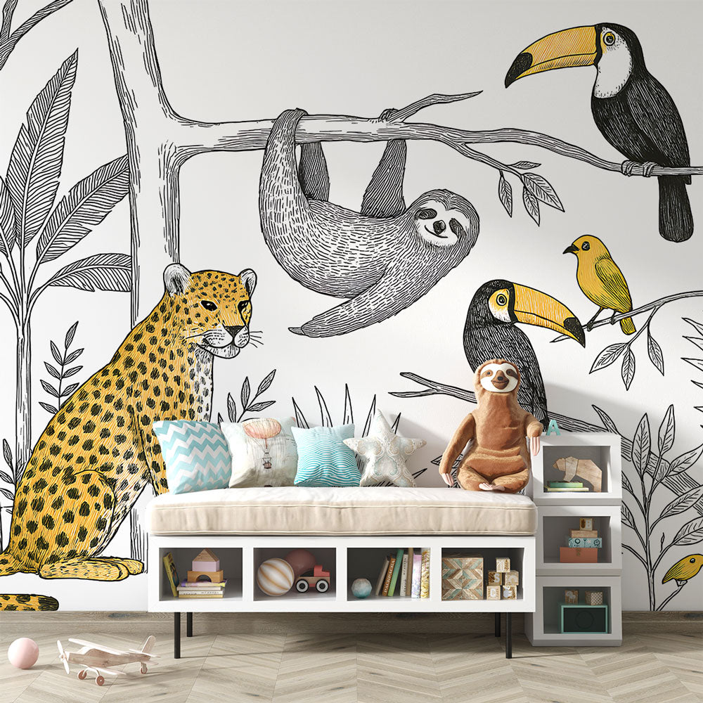 Jungle Animal Wallpaper | Leopard, Sloth and Bright Birds