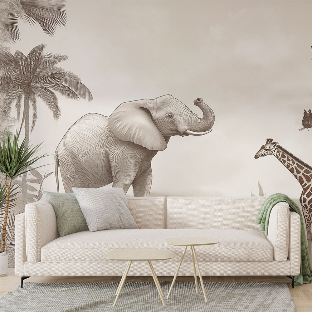 Savannah Animals Wallpaper | Elephant and Giraffe Mural