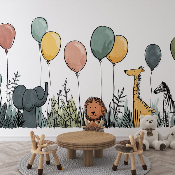 Savanna Animals Wallpaper | Elephant and Lion with Balloons