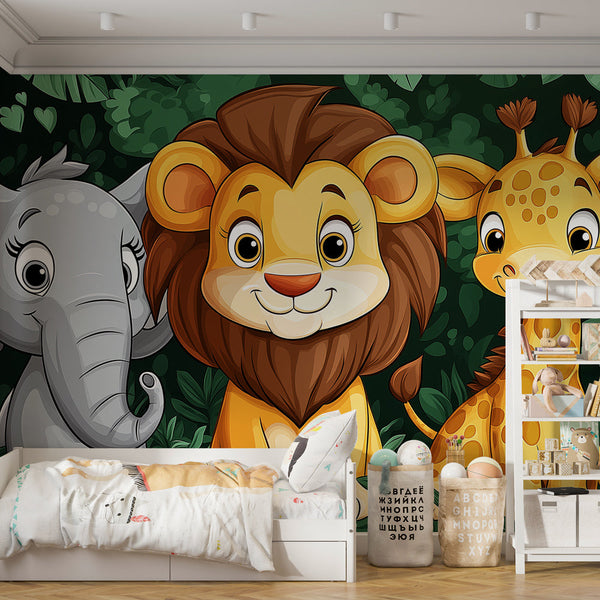 Savanna Trio Wallpaper | Elephant Lion Giraffe Mural