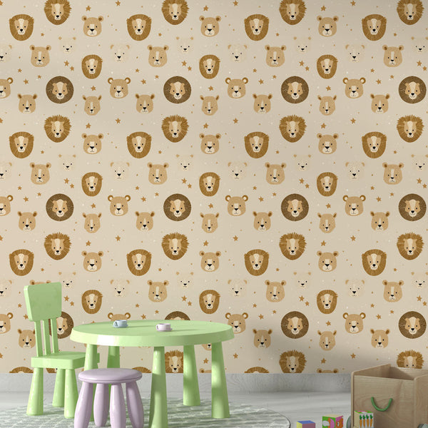 Savanna Animal Wallpaper | Lions and Bears on Soft Beige