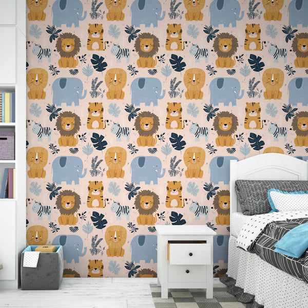 Savanna Wallpaper | Playful Elephants, Lions, and Tigers
