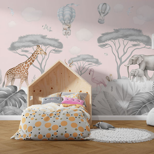 Savanna Animals Wallpaper | Giraffe and Elephants in Pastels