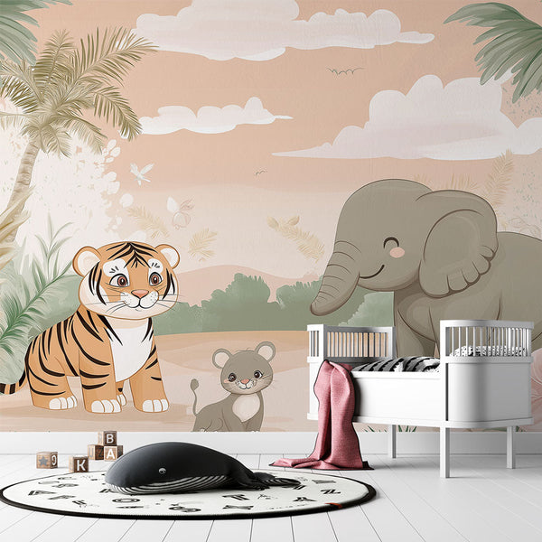 Tropical Savanna Wallpaper | Tiger Elephant Wall Mural