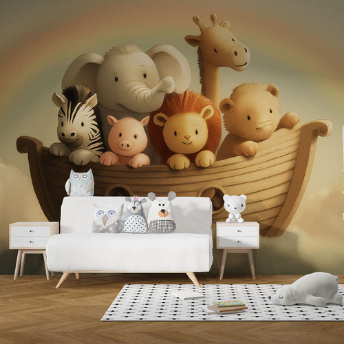 Animal wallpaper with cute animals in a wooden boat under a pastel rainbow