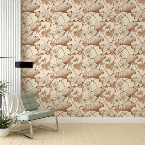 Wallpaper with cute illustrated animals among delicate flowers in soft neutrals