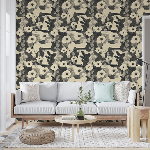 Black and white wallpaper with animals hidden among soft flowers