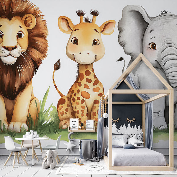 Animal Trio Wallpaper | Lion Giraffe Elephant Wall Mural