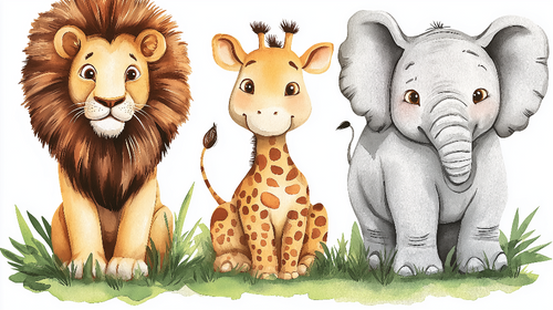 Animal Trio Wallpaper | Lion Giraffe Elephant Wall Mural