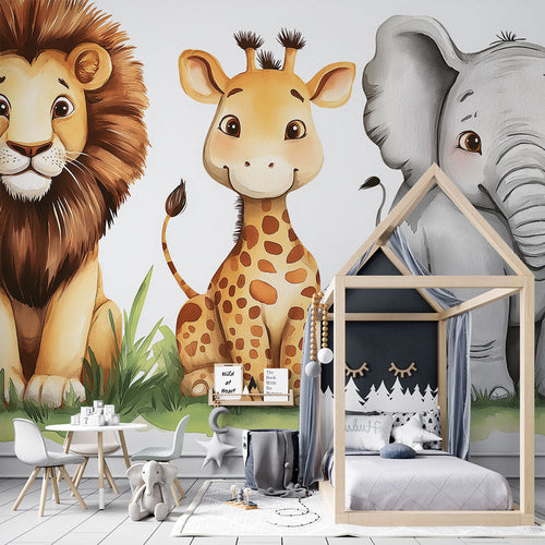 Wallpaper with cute lion, giraffe and elephant illustrations on natural green background