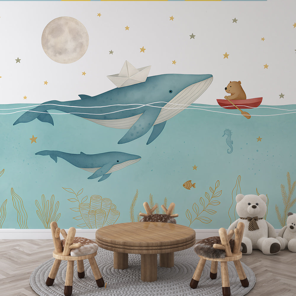 Sea Animals Wallpaper | Whales and Bear Cub Under the Moon