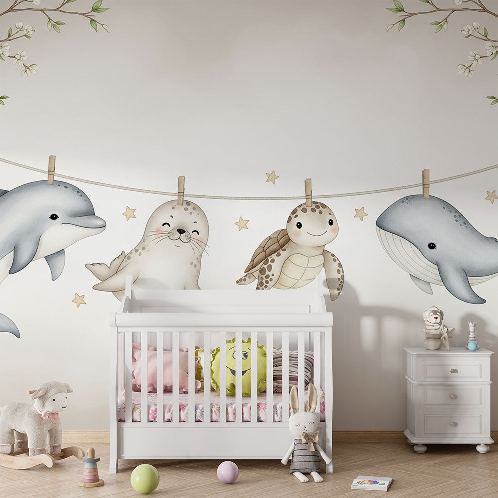 Sea Animals Wallpaper | Dolphin Turtle Whale Wall Mural