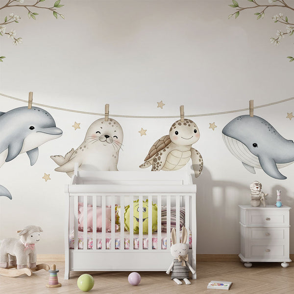 Sea Animals Wallpaper | Dolphin Turtle Whale Wall Mural