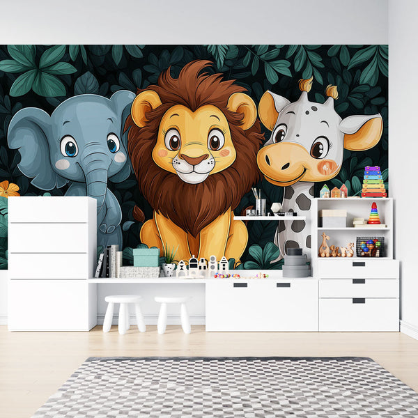 Playful Jungle Wallpaper | Elegant Cartoon Animal Wall Mural