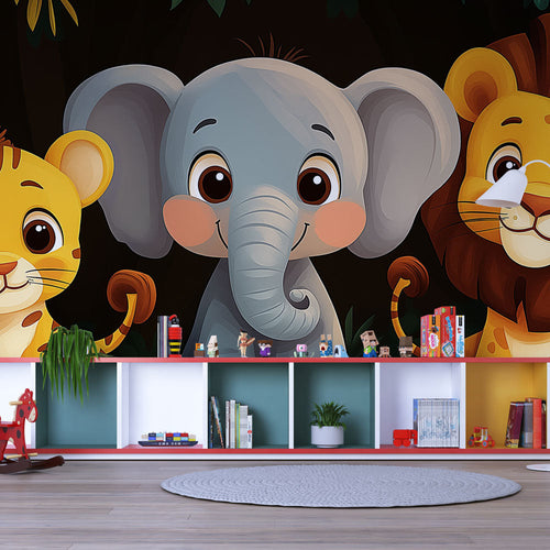 Cute wallpaper with elephant, lion and tiger playing in lush colorful jungle leaves