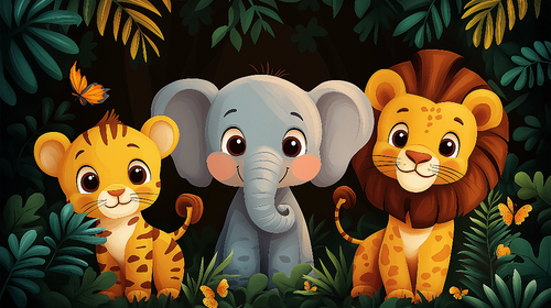 Cute Animals Wallpaper | Elephant Lion Tiger Wall Mural