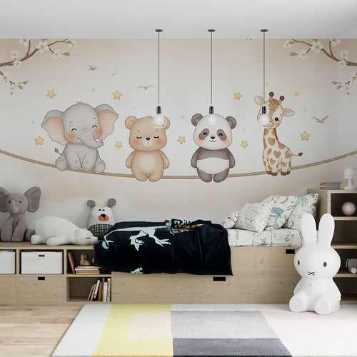 Elephant, teddy bear, panda and giraffe wallpaper with golden stars on beige