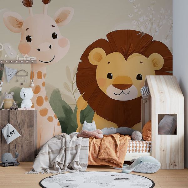 Stylized Animals Wallpaper | Giraffe Lion Jungle Wall Mural
