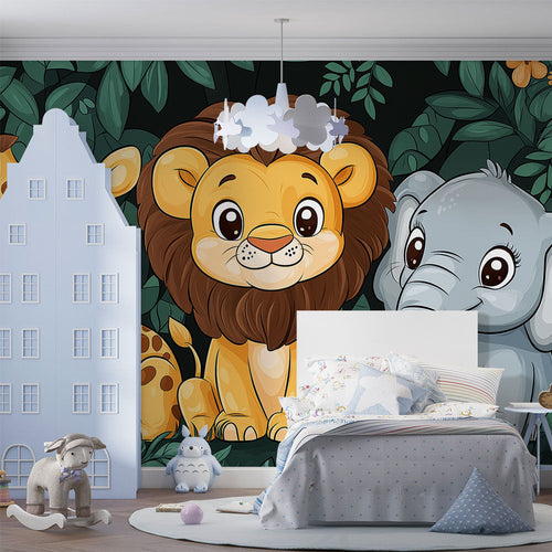 Cute jungle animals wallpaper with smiling giraffe, lion and elephant among tropical leaves