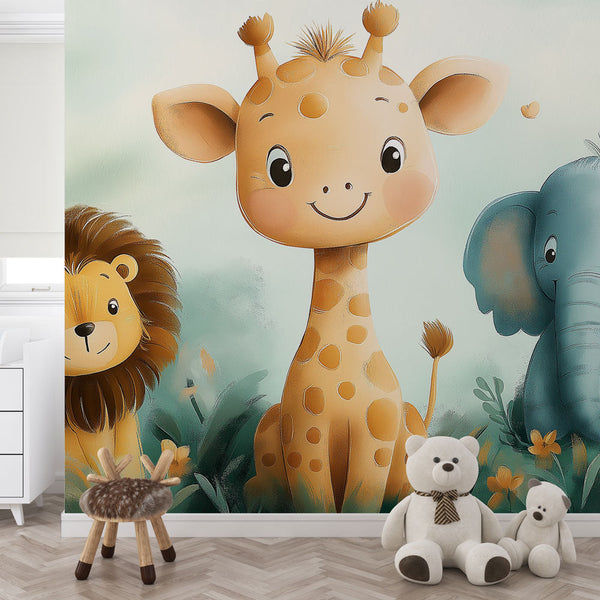Jungle Trio Wallpaper | Giraffe Lion Elephant Wall Mural