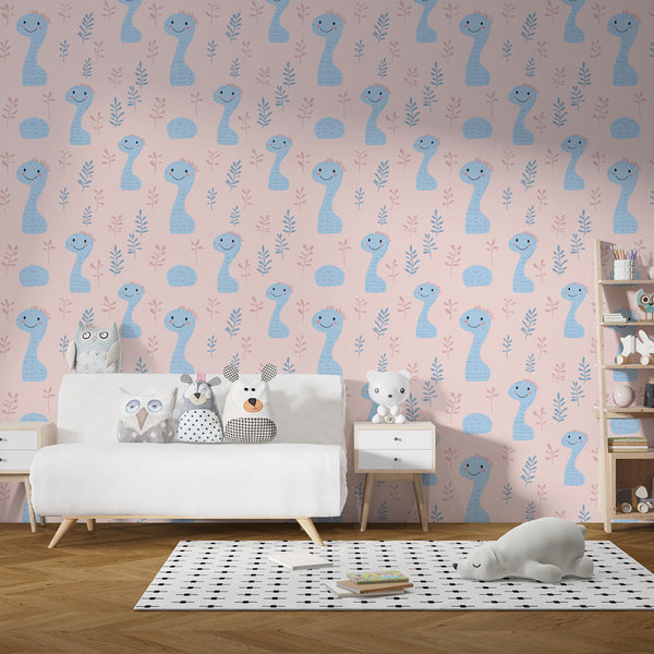 Cute Animal Wallpaper | Little Blue Dinosaurs on Soft Pink