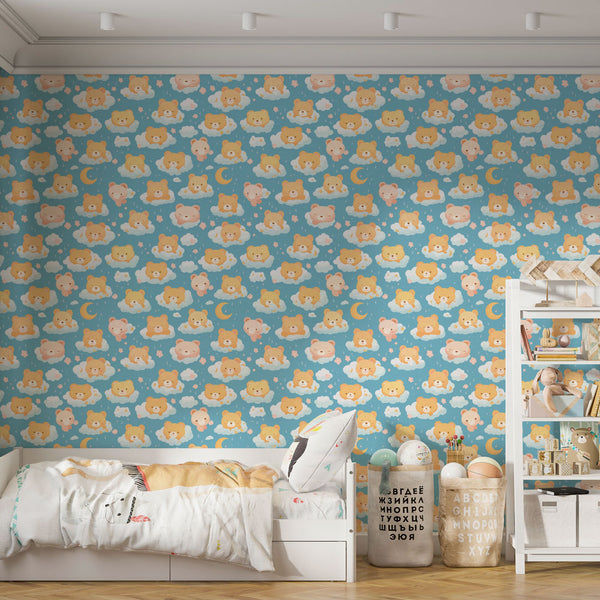 Cute Animal Wallpaper | Cats and Clouds Wall Mural on Blue