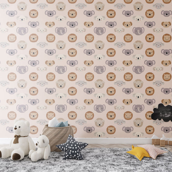 Cute Animal Wallpaper | Colorful Animal Faces on Soft Beige
