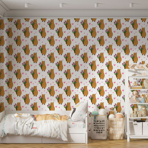Teddy Bear Wallpaper | Bears with Flowers Wall Mural