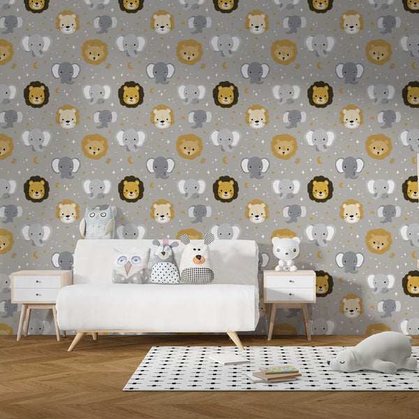 Lion and Elephant Wallpaper | Gray Nursery Wall Mural