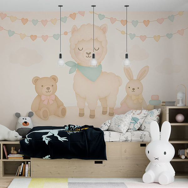 Cute Animals Wallpaper | Happy Alpaca with Soft Toy Friends