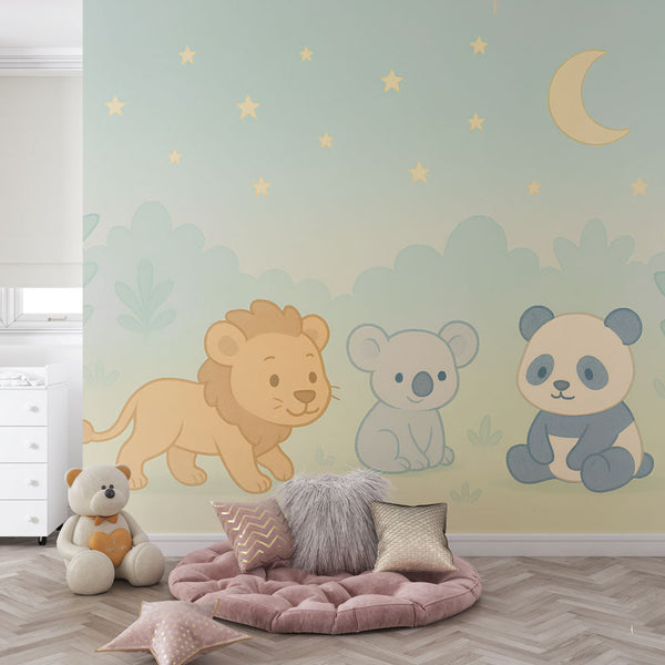 Cute Animals Wallpaper | Lion, Koala and Panda Under Stars