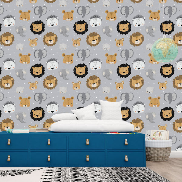 Cute Animal Wallpaper | Gray Safari Faces Wall Mural