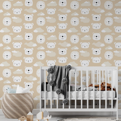 Smiling polar bear and lion faces wallpaper on a soft beige background