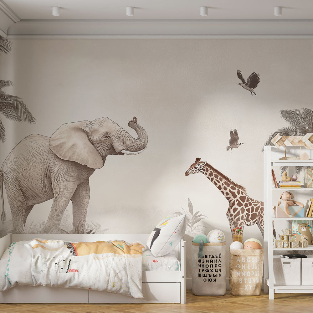 Wild Animals Wallpaper | Elegant Elephant and Giraffe Motif
