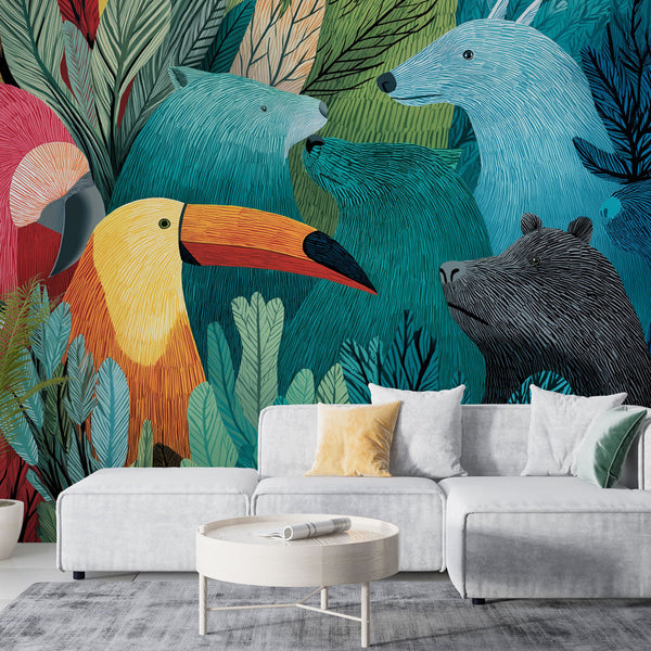Wild Animals Wallpaper | Colorful Forest Animal Patchwork