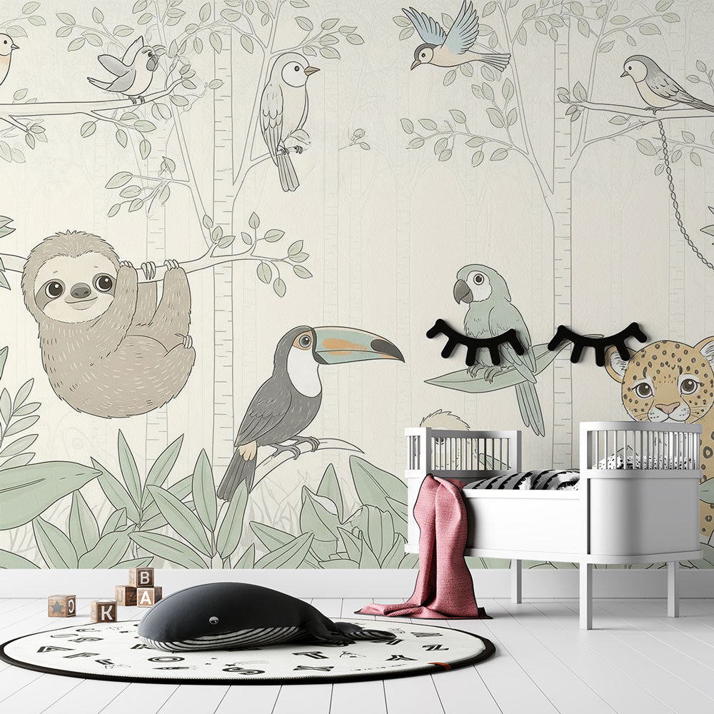 Tropical Animals Wallpaper | Sloth, Toucan and Leopard Mural