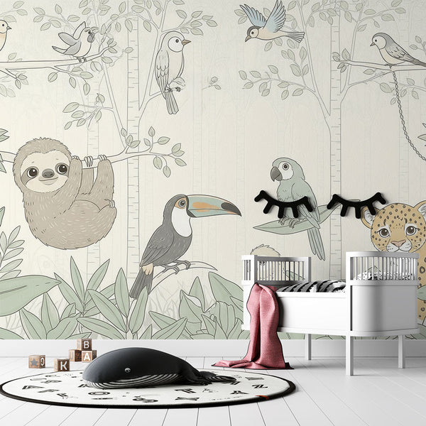 Tropical Animals Wallpaper | Sloth, Toucan and Leopard Mural