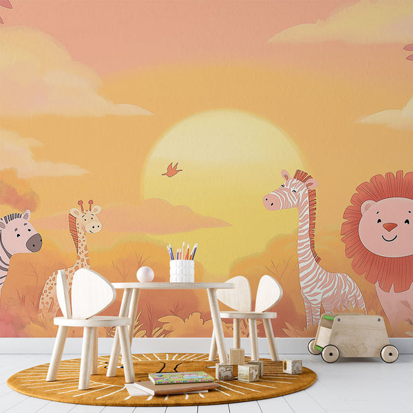 Savanna Sunset Wallpaper | Lion Giraffe Zebra Wall Mural