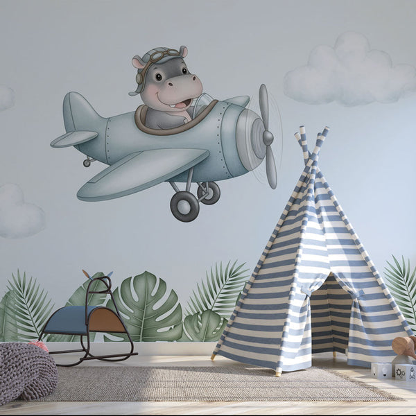 Flying Animals Wallpaper | Hippo Piloting a Plane Through Clouds