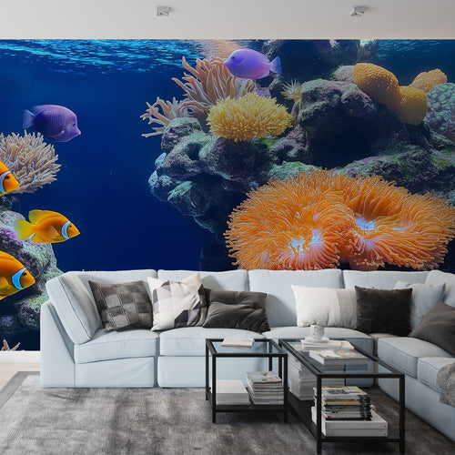 Aquarium wallpaper showing vibrant tropical corals and colorful fish gliding through azure