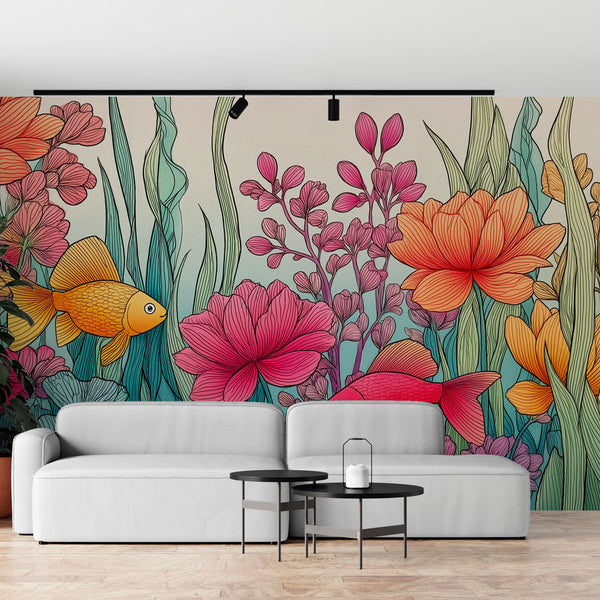 Fish and Flower Wallpaper | Playful Aquatic Wall Mural