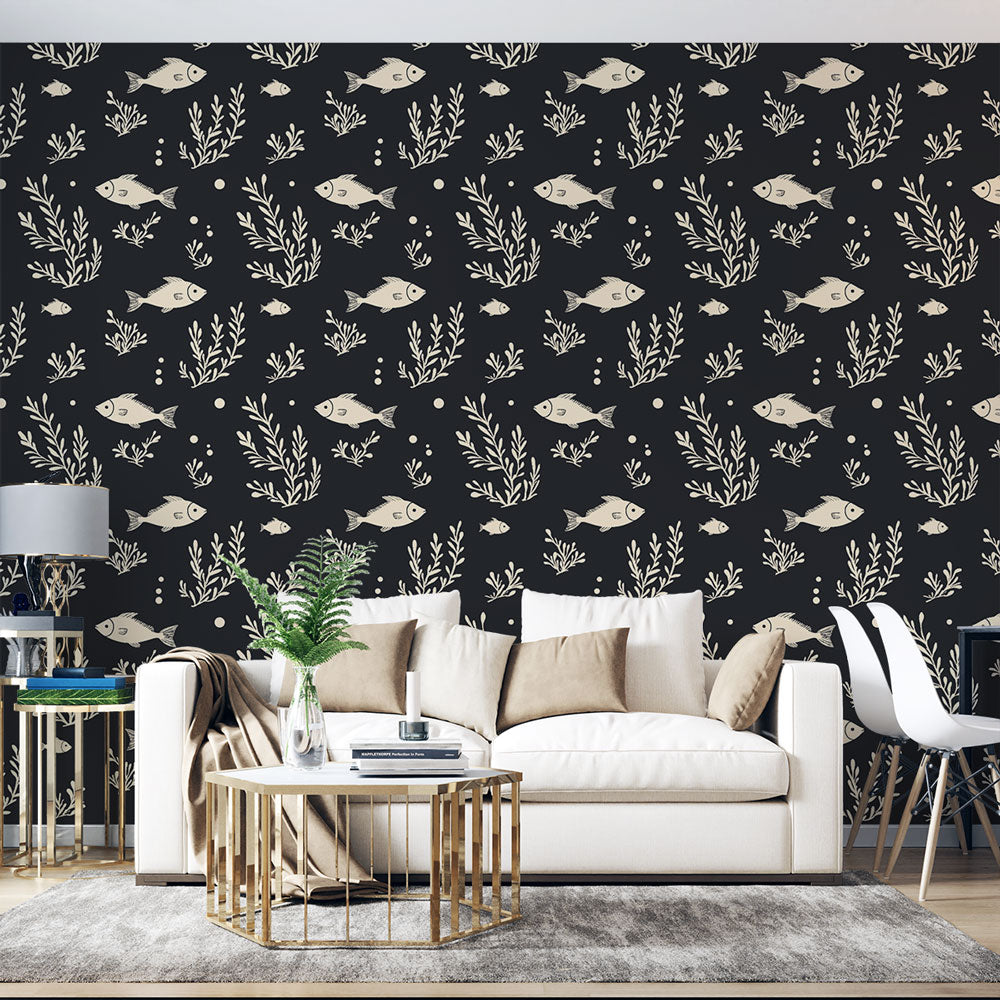 Aquatic Wallpaper | Fish and Seaweed on a Black Ground