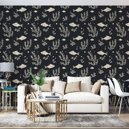 Stylized fish and seaweed motifs on a deep black wallpaper