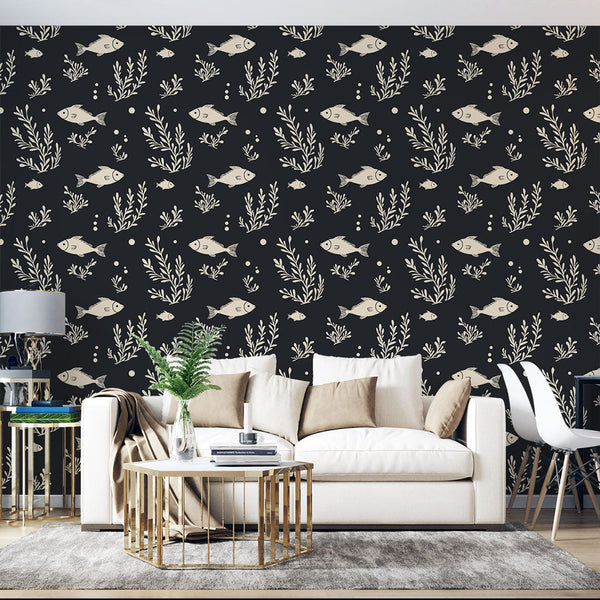 Aquatic Wallpaper | Fish and Seaweed on a Black Ground