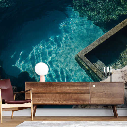 Aquatic wallpaper with shimmering water reflections on natural stone
