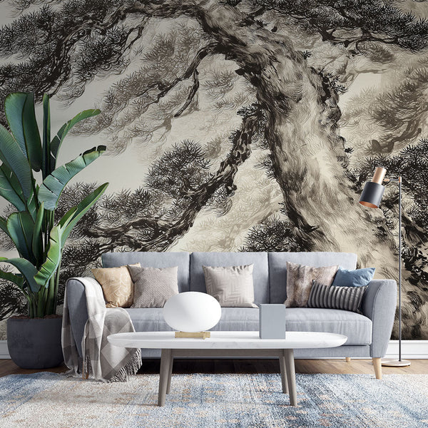 Japanese Tree Wallpaper | Black and White Botanical Study