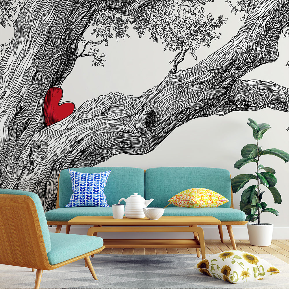 Heart Tree Wallpaper | Black and White Branches with Red
